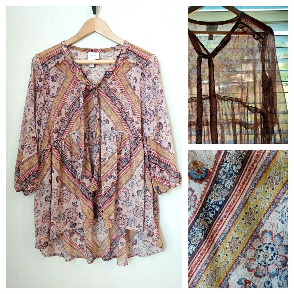 Knox Rose Sheer Chiffon Boho Floral Peasant Blouse